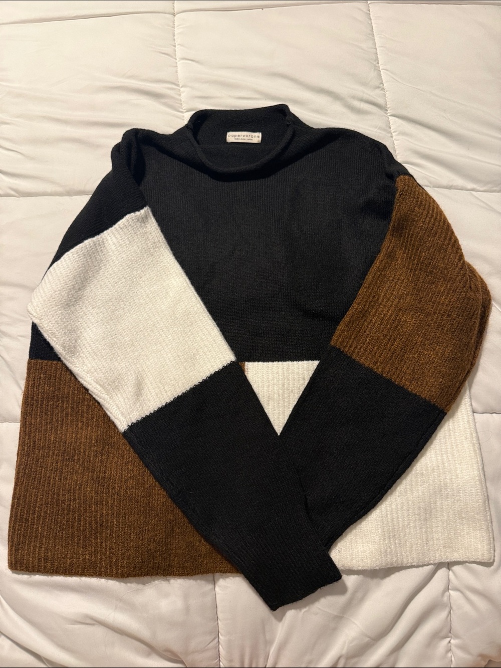 Paper Crane Colorblock Cowl Neck Sweater in Black, White & Brown
